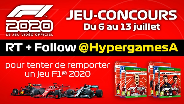 Hypergames Auchan (@hypergamesa) on Twitter photo #Concours 🔥
Tentez de remporter 1 jeu F1 2020 sur la plateforme de votre choix (3 édition Schumacher et 3 édition 70).
Au total 6 gagnants.
Pour participer, il faut :
✔️Follow <a href="/HypergamesA/">Hypergames Auchan</a>
✔️RT le tweet
TAS le 13/07
Voir le règlement ci-dessous : #Concours 🔥
Tentez de remporter 1 jeu F1 2020 sur la plateforme de votre choix (3 édition Schumacher et 3 édition 70).
Au total 6 gagnants.
Pour participer, il faut :
✔️Follow <a href="/HypergamesA/">Hypergames Auchan</a>
✔️RT le tweet
TAS le 13/07
Voir le règlement ci-dessous :