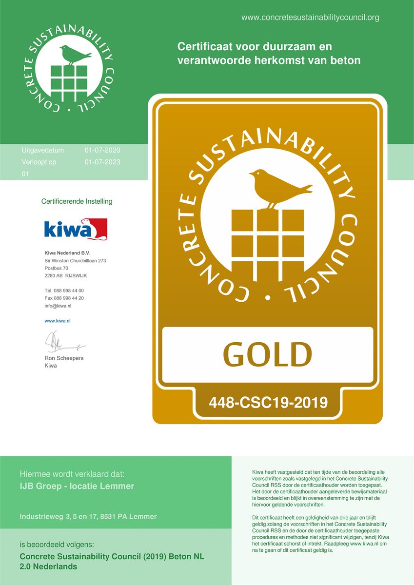 IJB Groep locatie Lemmer heeft het Concrete Sustainability Council (CSC) keurmerk glansrijk behaalt, de eerste controle werd door het KIWA met het hoogst haalbare certificaat beloond; ijbgroep.nl/ijb-groep/actu…