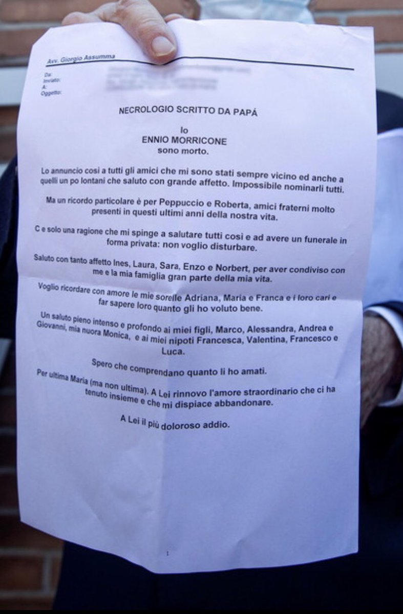 Poesia Il Legale Di Famiglia Dell Artista Enniomorricone Ha Divulgato L Esistenza Di Un Necrologio Scritto Dal Compositore Prima Di Lasciarci Tra Le Ultime Volonta Il Funerale Privato Per Una Sola Ragione