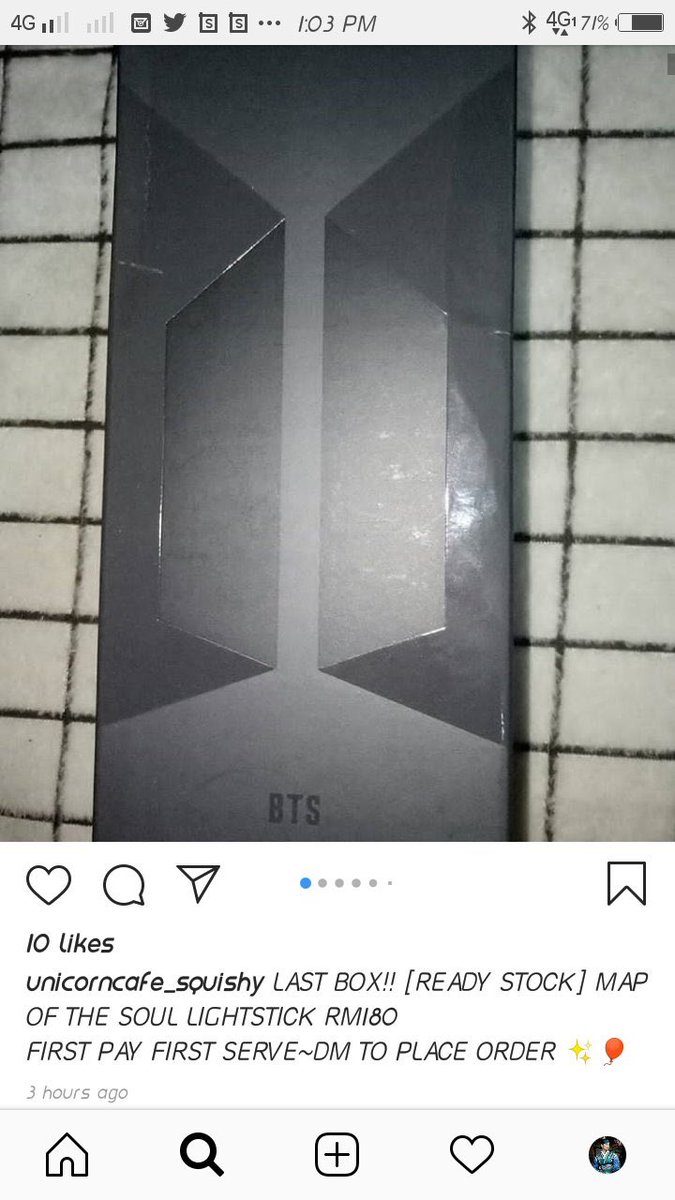 ATiEbcd's tweet photo. [THREAD] 
SCAMMER ALERT! PLEASE RT!

UNICORNCAFE_SQUISHY IS A SCAMMER! She sold fake BTS MotS SE Bomb to me &amp; after I complained &amp; returned it to her back (after threatening to go to the police), she’s selling it on her IG &amp; Carousell again!

PLEASE BEWARE!
#bts
#army
#bts_scam https://t.co/qov4wdBNgh