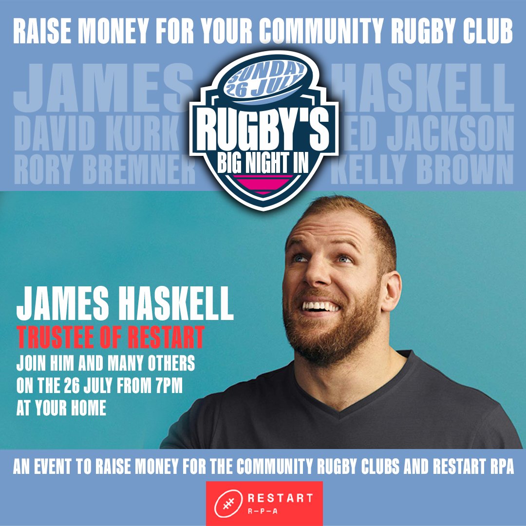 A chance to raise funds for your community rugby club and Restart. Join us on the 26 July at 7pm at your home. @jameshaskell @edjackson8 #rugbyfamily #rugbyunion @RestartRugby @theRPA #jameshaskell #rugbyengland #rugbyunion givergy.uk/RugbysBigNight…