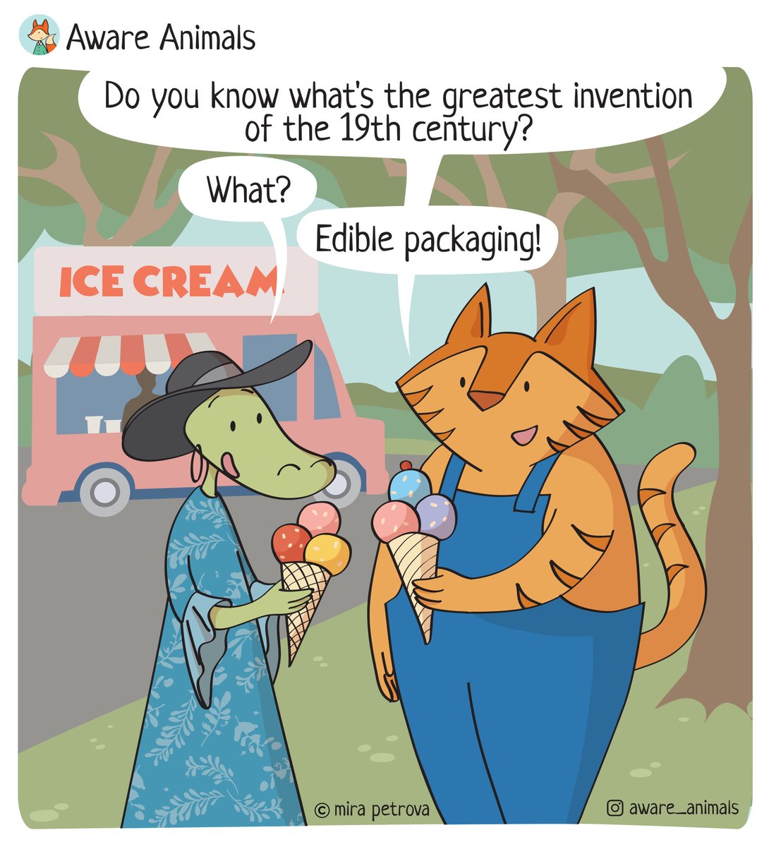 AwareAnimals's tweet photo. "Waffle cone or plastic/paper cup?"🍦
Waffle cones are kind of brilliant! They were invented in the late 1800s and yet they are such a sustainable and cool solution even compared to the inventions of today.

#plasticfree #PlasticFreeJuly #sustainable #comics #webcomics #icecream https://t.co/8Z0OmOxsn7