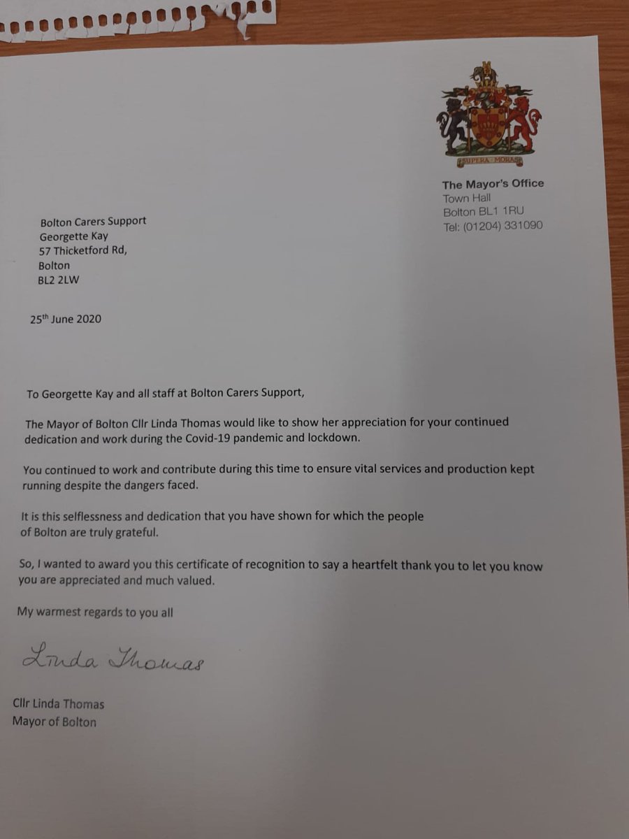 Thank you so much <a href="/lindathomas_uk/">Cllr Dr (hon) Linda Thomas</a>  for the lovely certificate and letter we received from you.  It means a lot to hear that we are appreciated and valued along with our colleagues during these unprecedented times.  #StrongerTogether  #valueourcarers #connectedandinformed