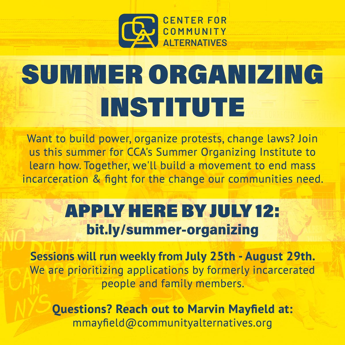CCA_NY's tweet photo. ⭐SUMMER ORGANIZING INSTITUTE⭐

Want to build power, organize protests, change laws? Join us this summer to deepen your skills &amp; fight for a world without cages. 

APPLY HERE by July 12th: https://t.co/Ce7GmGH8sl

Spread the word! https://t.co/cRZi6Yqv0C