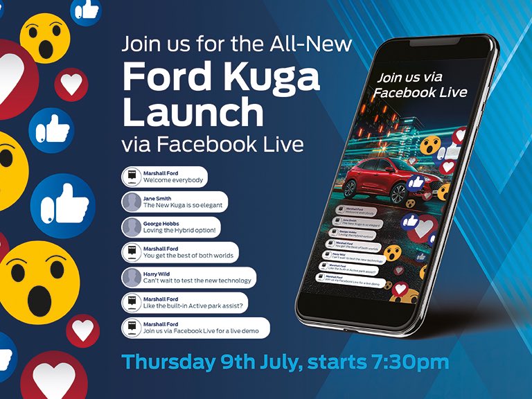 MarshallFordMMG's tweet image. Thursday 9th July 7:30pm, Marshall #Ford go #LIVE on #Facebook to present you the All-New Ford Kuga.

Hosted by our very own Jamie De Bootman, we’ll be giving you an introduction to this new model plus live demonstrations of its cool new technology!