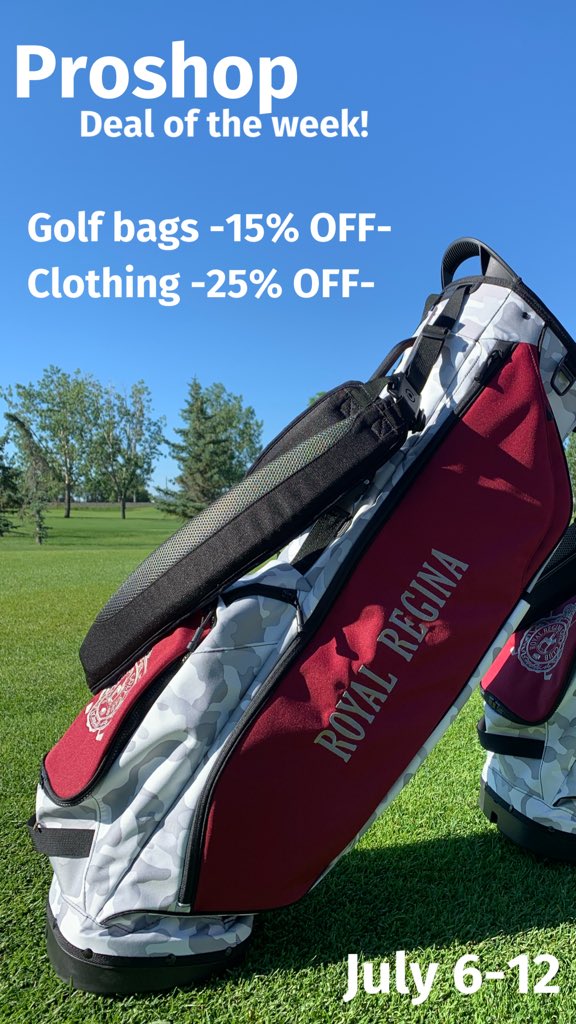 RoyalReginaGC's tweet photo. July 6-12
PROSHOP DEAL OF THE WEEK!

All in stock golf bags -15% OFF-
All in stock clothing -25% OFF-

It’s a great time to shine with some new threads. https://t.co/c8HZeAw9zz