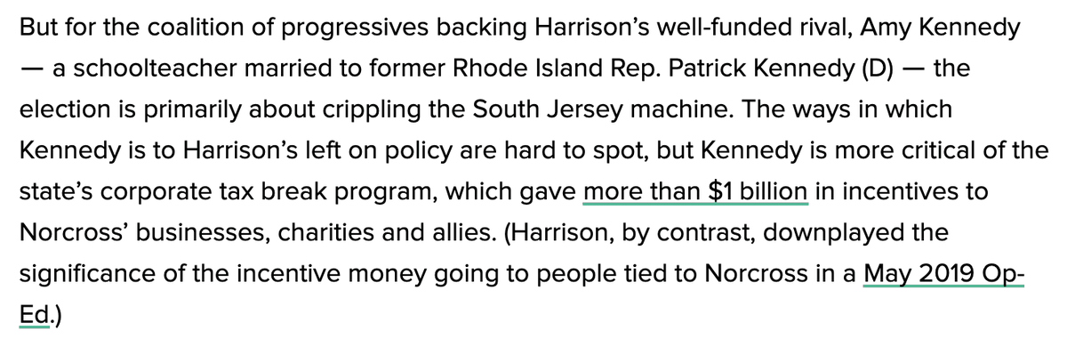 But Harrison is backed by South Jersey's notorious machine, which has tried to stymie progressive elements of Gov. Phil Murphy's agenda. So Murphy and  @njwfa are backing Amy Kennedy, a former schoolteacher married to former Rep. Patrick Kennedy.