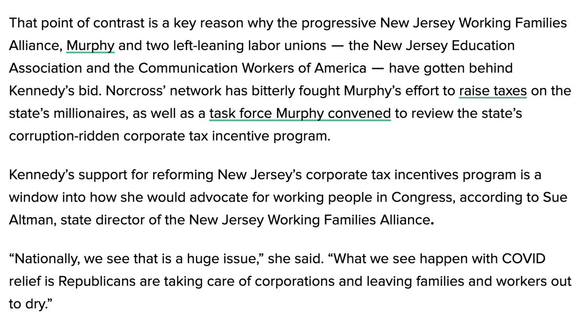 But Harrison is backed by South Jersey's notorious machine, which has tried to stymie progressive elements of Gov. Phil Murphy's agenda. So Murphy and  @njwfa are backing Amy Kennedy, a former schoolteacher married to former Rep. Patrick Kennedy.