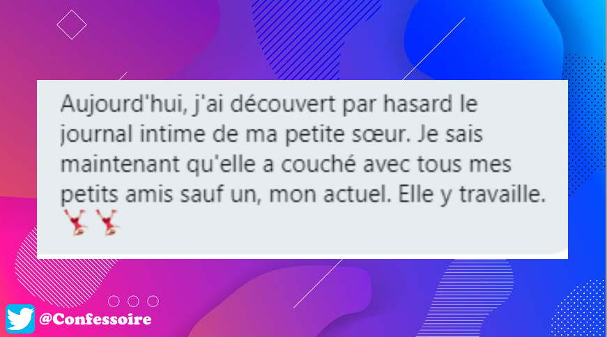 Confessoire's tweet photo. C'est un crime de coucher avec les amis de sa soeur #Confession2 https://t.co/k3VvN5wxH9