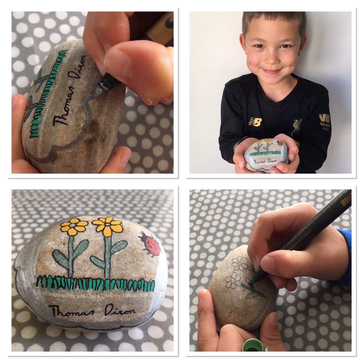 Rebecca94518212's tweet photo. @JCAWakefield Thomas thought carefully about his design for his pebble for the ‘Path of Hope’. He is delighted with his creation! 😃 https://t.co/PnRUna6No9