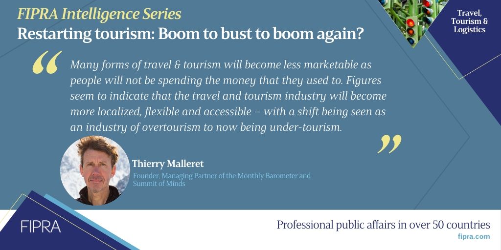 FIPRAinsight's tweet photo. Thank you @ThierryMalleret, Founder, Managing Partner of @MBarometer for joining the @FipraI #IntelligenceSeries webinar on restarting #tourism. Read his key takeaways: https://t.co/jT9siQRTf0 #EUTourism #hospitality #EUtransport #Travel #FIPRAInsight https://t.co/BYAXjMUVN2