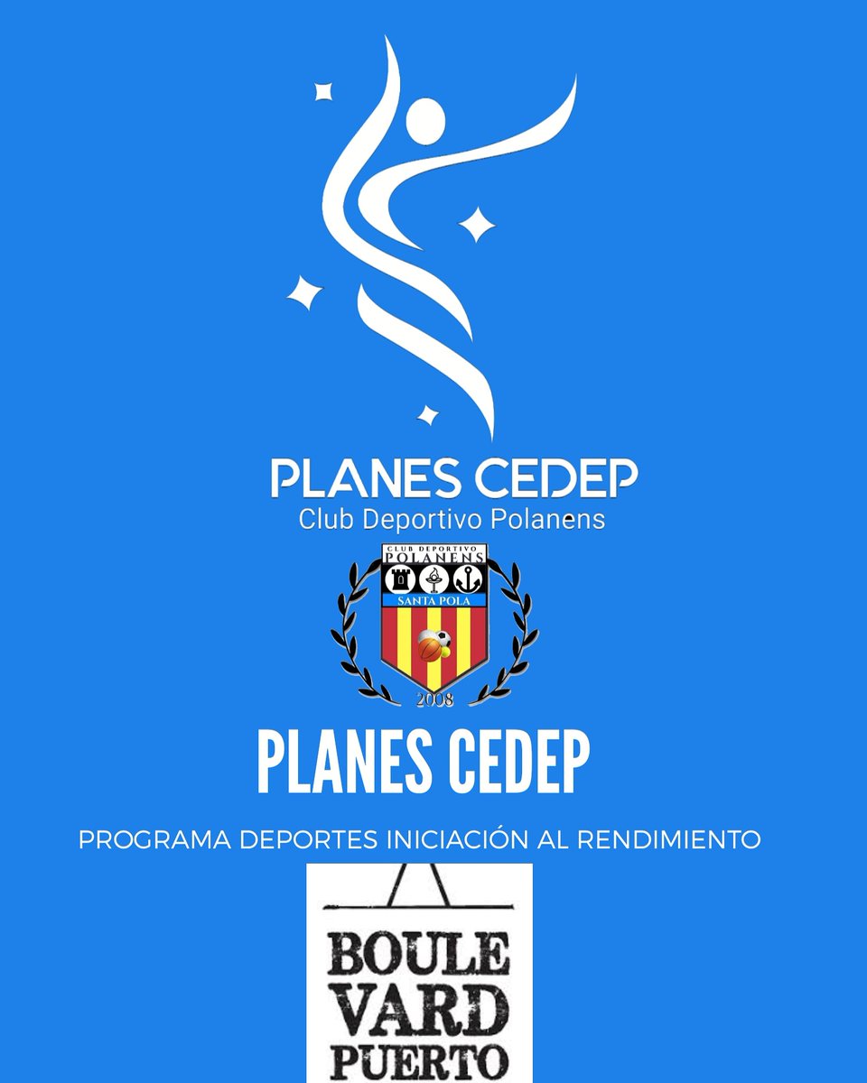 Arrancamos la semana con más empresas que han apostado por nuestro proyecto de los Planes CEDEP 
Es el caso de Boulevard Puerto que colaborará con un programa para deportes de iniciación al rendimiento
Agradecer su aportación para el deporte base del <a href="/CDPolanens/">Polanens Santa Pola</a>