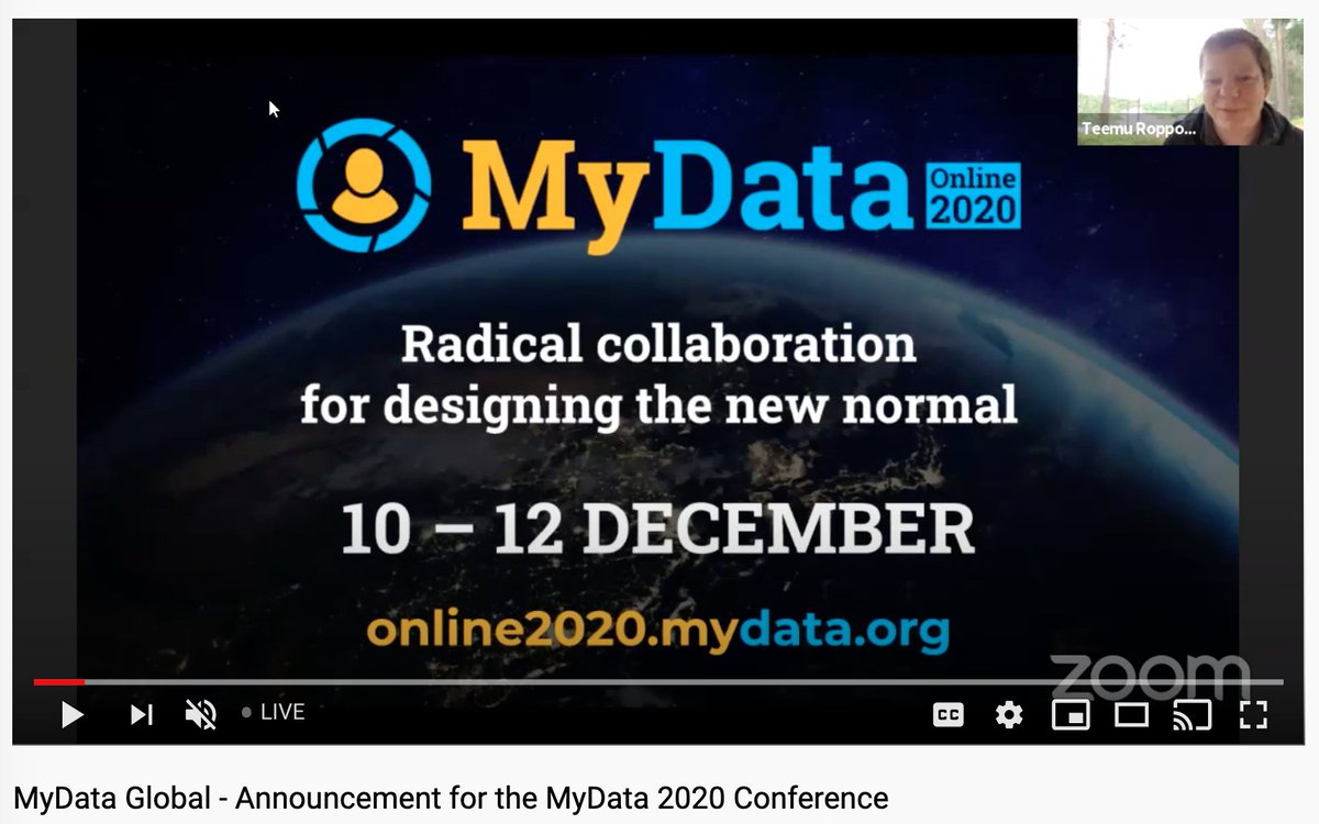 Announcement 📣 SAVE THE DATES 10 - 12 December for #MyDataOnline2020 Conference 🚀

Watch what <a href="/troppone/">Teemu Ropponen</a> our General Manager, had to say about the virtual event of the year! youtu.be/hjcGyn-n7LY

Go to: online2020.mydata.org 

#MyData #PersonalData