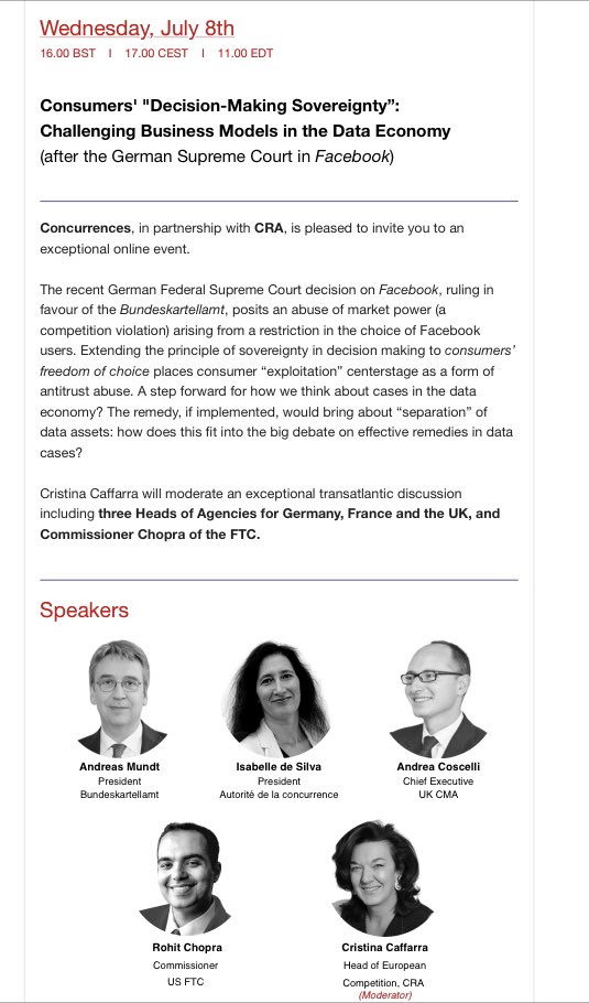 Caffar3Cristina's tweet photo. Is the German Supreme Court on FB ringing in a broader shift? #Consumer_choice limitations as evidence of *competition* issues? What data-focused remedies can work? CMA just issued Digital Final Report, France pioneered exploitative abuse, US FTC has rulemaking authority. 1/2 https://t.co/Kgz0sBkKzt