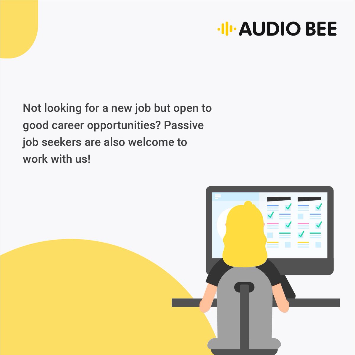 AudioBee2's tweet photo. We connect with all kinds of people every day! We understand your needs and match you with your desired task.

#audiobee #workfromhome #careeropportunities #workenvironment #workculture https://t.co/G9pEHcMrM5