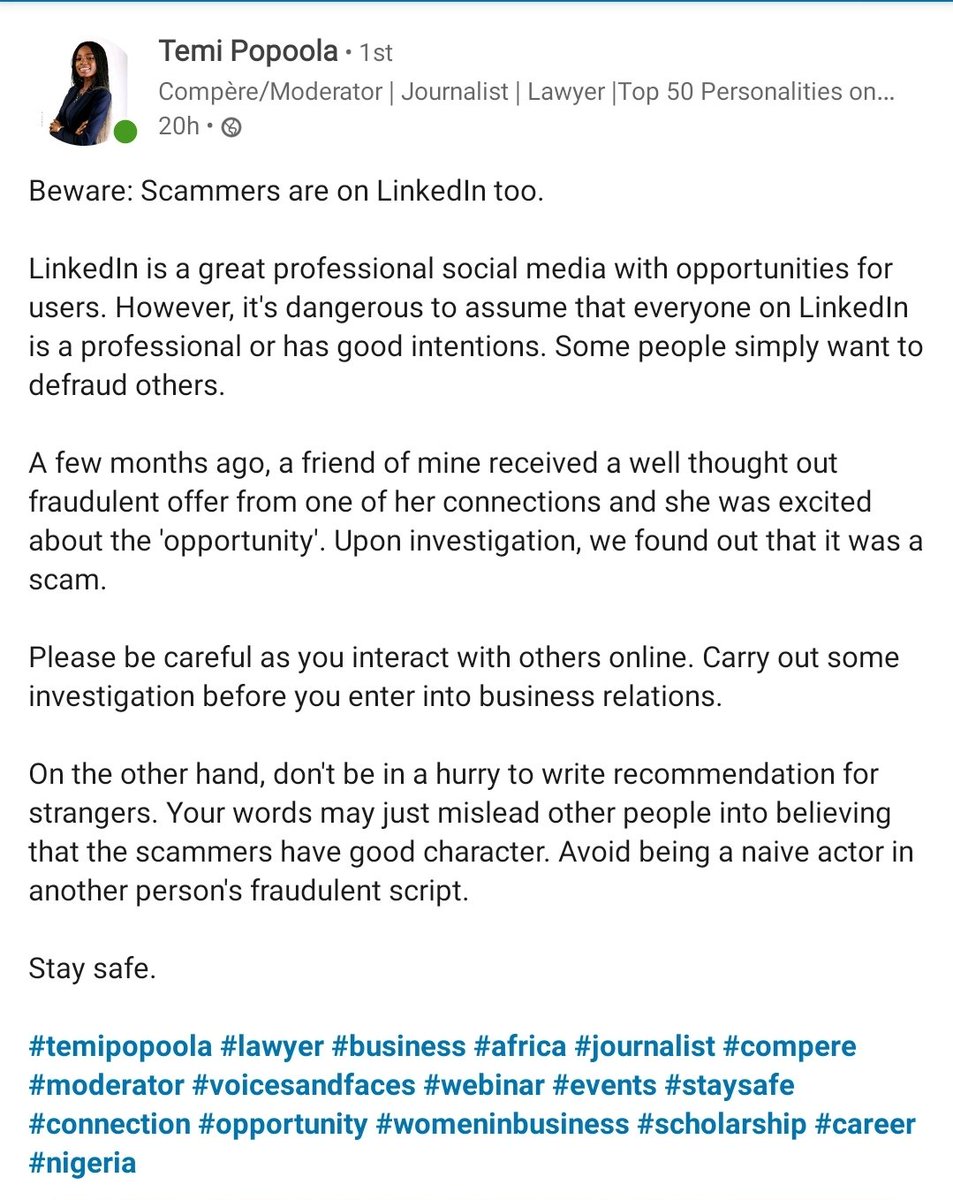 kelechiachinonu's tweet photo. Scammers are on LinkedIn too. 

Be careful please.

Thanks for sharing @temi_popoola_ https://t.co/D592LAcsHF
