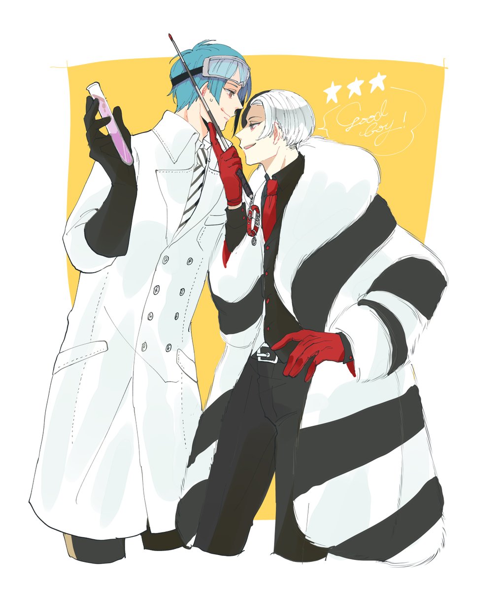 multiple boys 2boys gloves male focus coat blue hair red gloves  illustration images