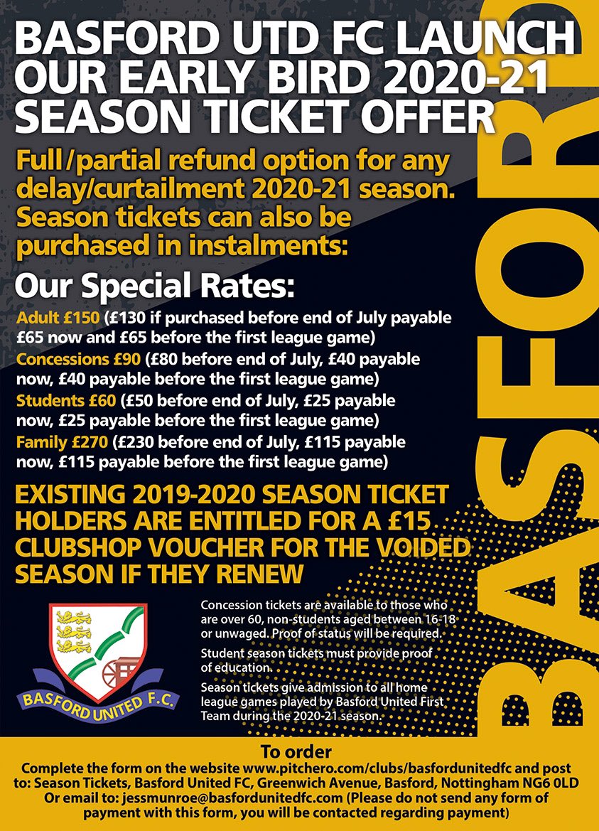 FcBasford's tweet photo. Breaking due to an excellent update &amp; continued delay &amp; until a firm @NorthernPremLge restart is announced, our early bird @Basfordutdfc season ticket offer is being extended indefinitely.
Orders can still be placed on our clubshop or via direct club contact. @NottsFA https://t.co/Ah0CnoQNzG