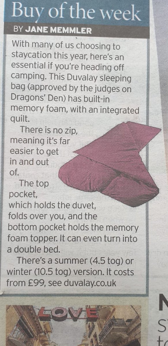 Another great review in Saturdays Daily Mirror “Buy of the week” Prices for our memory foam sleeping bag start at £99.95 and provide the perfect nights sleep away from home #bedtimeluxuryanywhere