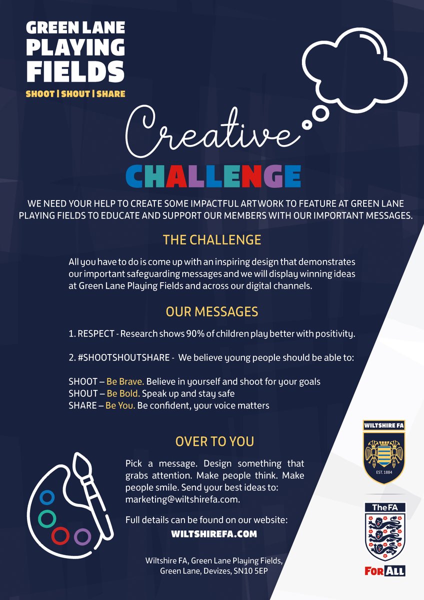 WiltsCountyFA's tweet photo. 🎨 We need your creative skills.

Help us with an inspiring design for our important messages and your artwork could be displayed at @GreenLanePF 

Make people smile, make people think and send us your best ideas.

https://t.co/obS4glcMpa

#ShootShoutShare https://t.co/znusb43yvw