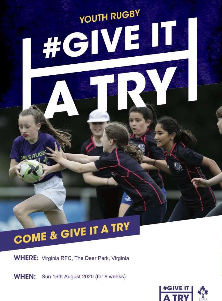 RFCVirginia's tweet photo. GIRLS RUGBY “GIVE IT A TRY”

8 week prog’ to let girls exp’ Rugby, no exp’ necc’.

Run in CoVid secure way as part of “Return to Rugby” plans. Open to all born 2007-2012. 

DM for further details 🐿

@irishrugby @20x20_ie 
#ReturnToRugby  #CantSeeCantBe  #NoProvingJustMoving https://t.co/hCOLqfde78