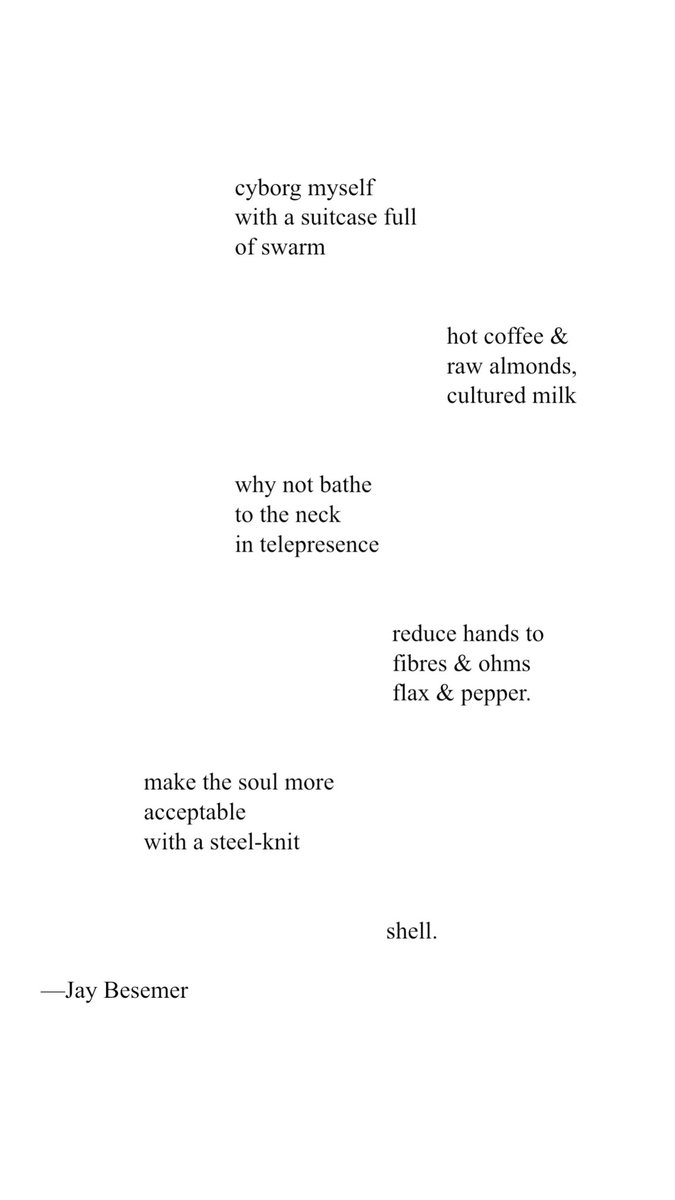 “be a mechanism / of longing // windup / water moccasin. // my dead name / makes trouble / &amp; i get the burn // my brain / prints its own / currency // &amp; my skull / is a shoe.” —Jay Besemer, “Shell” @THEORIES_PER <a href="/letteredstreet/">letteredstreetspress</a> facebook.com/629882237/post…