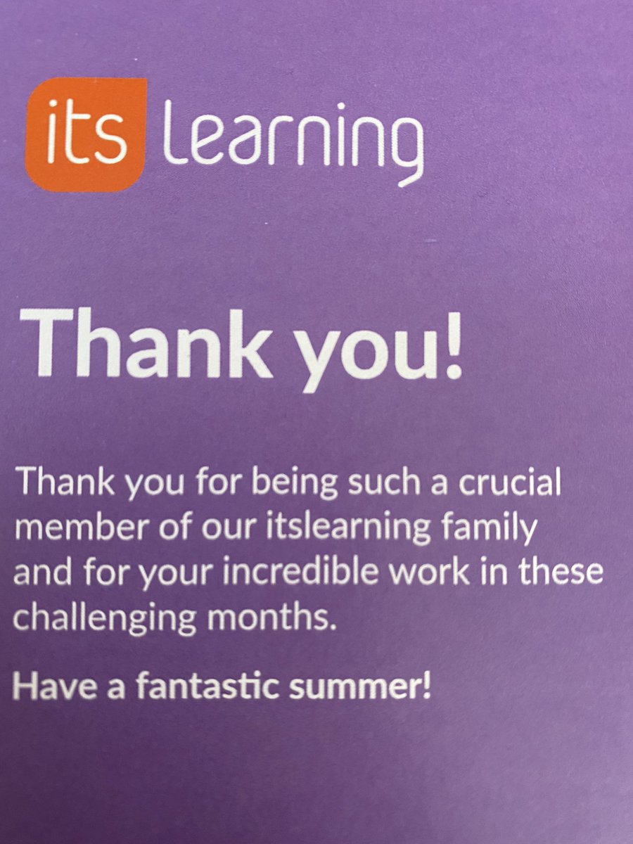 LeslieAhern1's tweet photo. Thanks #itslearning for showing your appreciation to your hard-working staff during this challenging time. Have a great summer! https://t.co/YMGlIRuEmA
