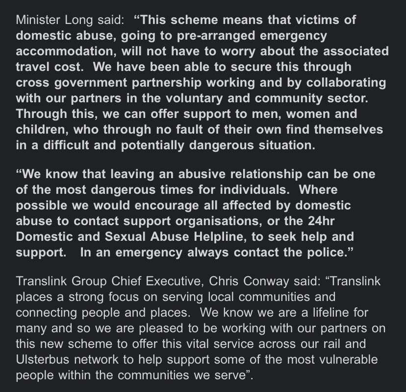 AmandaFBelfast's tweet photo. Ministers @NicholaMallon @naomi_long have announced  free public transport from today for those fleeing #domesticabuse 
It is available where refuge or emergency accommodation has been arranged through: 24hr Domestic &amp; Sexual Abuse Helpline, NI Housing Executive or Women’s Aid. https://t.co/1TRrmtAHMm