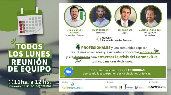 rossiamadeo's tweet photo. #Hoy a las 11 hs sumate a una nueva #ReuniónDeEquipo. Un repaso por todas las novedades de la semana en #Agronegocios.

Inscribite acá👉https://t.co/66tRPfvuZV https://t.co/GsrE8Ig3Et