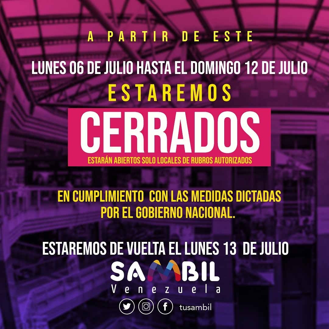tusambil's tweet image. #SambilInforma Haremos una pausa para reencontrarnos nuevamente el lunes 13 de julio. Te recordamos que si necesitas comprar alimentos o medicina, nuestros locales que ofrecen productos de estos rubros permanecerán abiertos para que puedas abastecerte. #VoveremosAEstarEnSambil