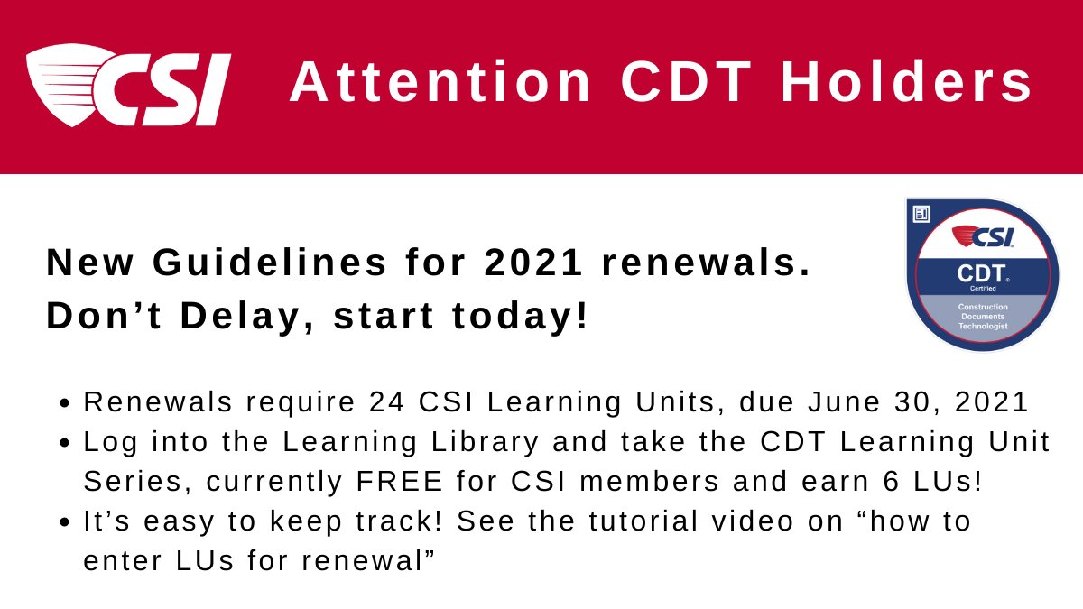 Don't forget to report your CEU's to maintain your CDT Certification.  Here is your guide on what counts and how to self report your credits. csiresources.org/certification/… #csi #cdt #csichicago