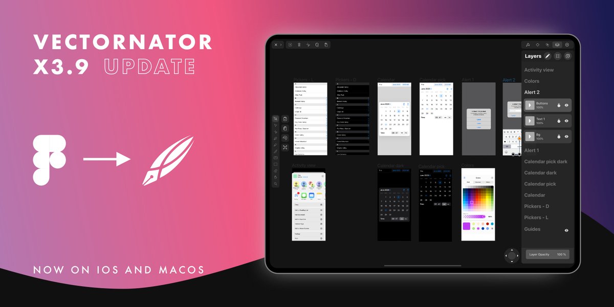 linearityhq's tweet photo. We want to give you the best design experience possible, where you decide what tool you use for each stage. That's why we're bringing a full-fledged @figmadesign  importer to Vectornator X and Pro with today's release. 
iOS: https://t.co/bPFsS6Ga5n
macOS: https://t.co/Ea1ly6nElN https://t.co/19unfS8IYa