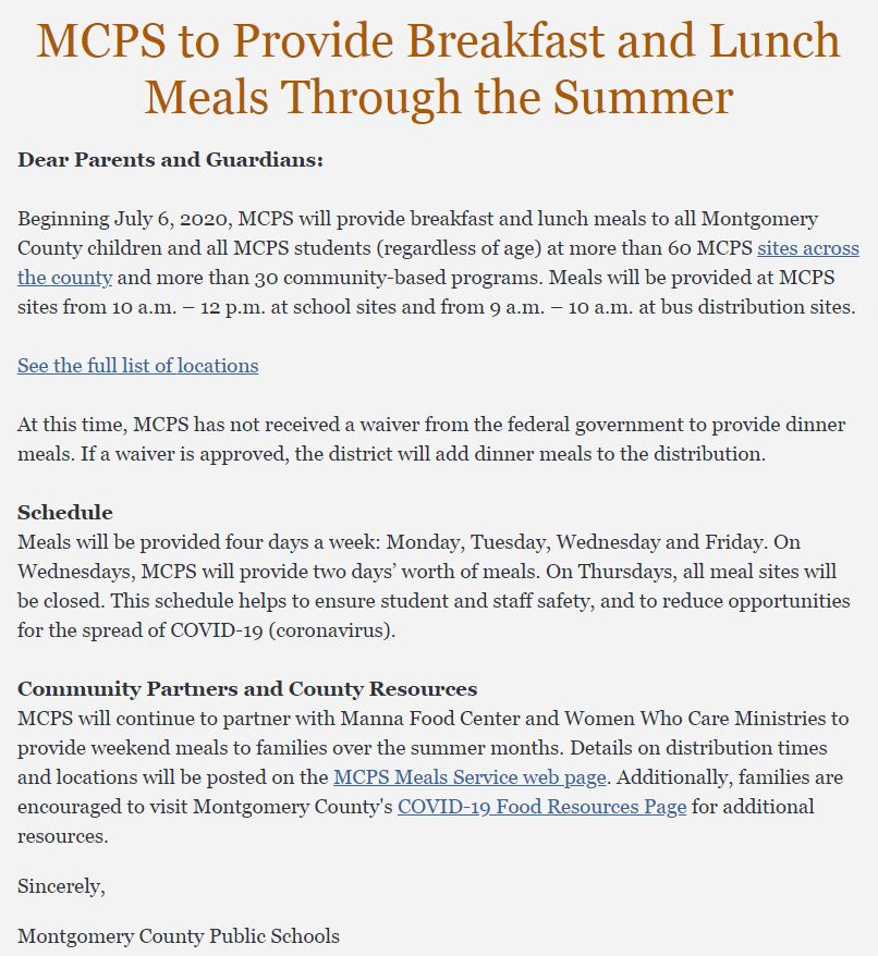 Starting today, July 6, MCPS will provide breakfast and lunch meals to all Montgomery County children and all MCPS students (regardless of age) at more than 60 MCPS sites across the county and more than 30 community-based programs. More details here: montgomeryschoolsmd.org/departments/pu…