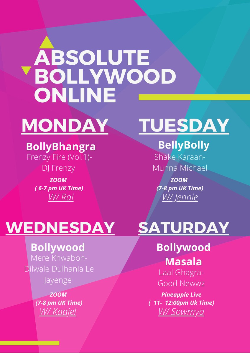 AbsoluteBolly's tweet image. This Week on #AbsoluteBollywoodOnline:
#Bollywood #Bhangra #Bellydance #onlineclass #indiancooking #indiandance #BhangraOnline #LiveBollywood #QuarantineDancing #fitness #familydance #kidsdanceclass #kidsdance #family #onlinedance #dancelondon #londondance #bollywoodlondon