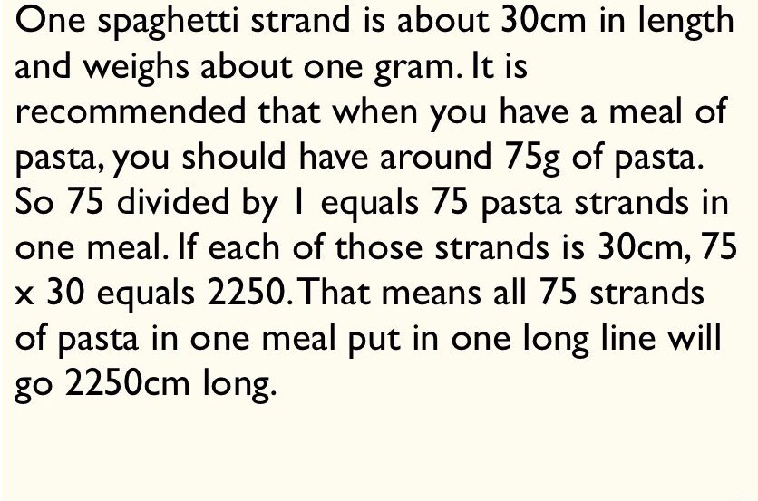 MathsSJB's tweet photo. Answers from last week are courtesy of Jann in year 7 and Theo in year 8. All the answers did of course depend on how much pasta a student ideally likes to eat in a sitting. https://t.co/IowCr5mFJx
