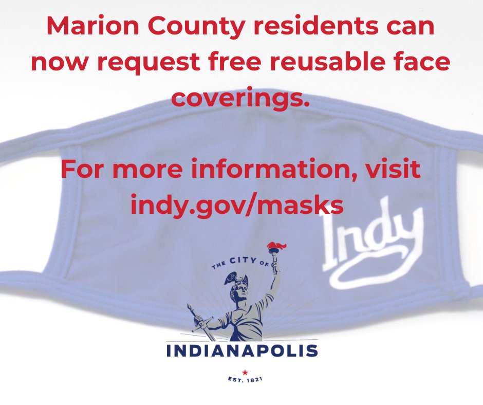 IndyOPHS's tweet photo. Beginning July 9, Marion County residents must wear a mask out in public. Don't have one or can't procure one? Visit https://t.co/XzOtT17UHx to receive a free face covering. Remember, we're in this together! https://t.co/13K9HI34oF