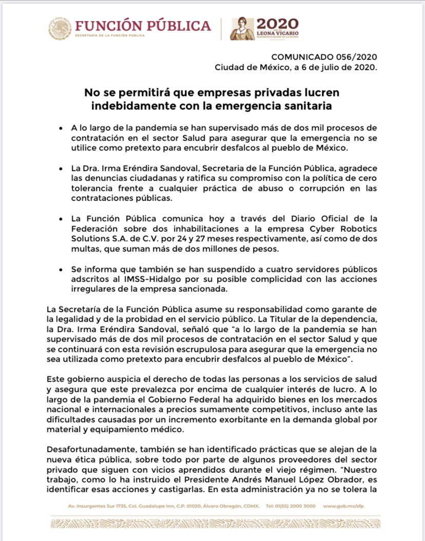 luisgure's tweet photo. Impone ⁦@SFP_mx⁩ sanciones a empresa CyberRobotics por venta de ventiladores a ⁦@Tu_IMSS⁩ ⁦@IMSS_HGO⁩ . Afirna ⁦@Irma_Sandoval⁩ que no se permitirá en ⁦@GobiernoMX⁩ el lucro indebido durante pandemia #COVID__19 https://t.co/CIwvucZtGB https://t.co/bsX4EmIkxd