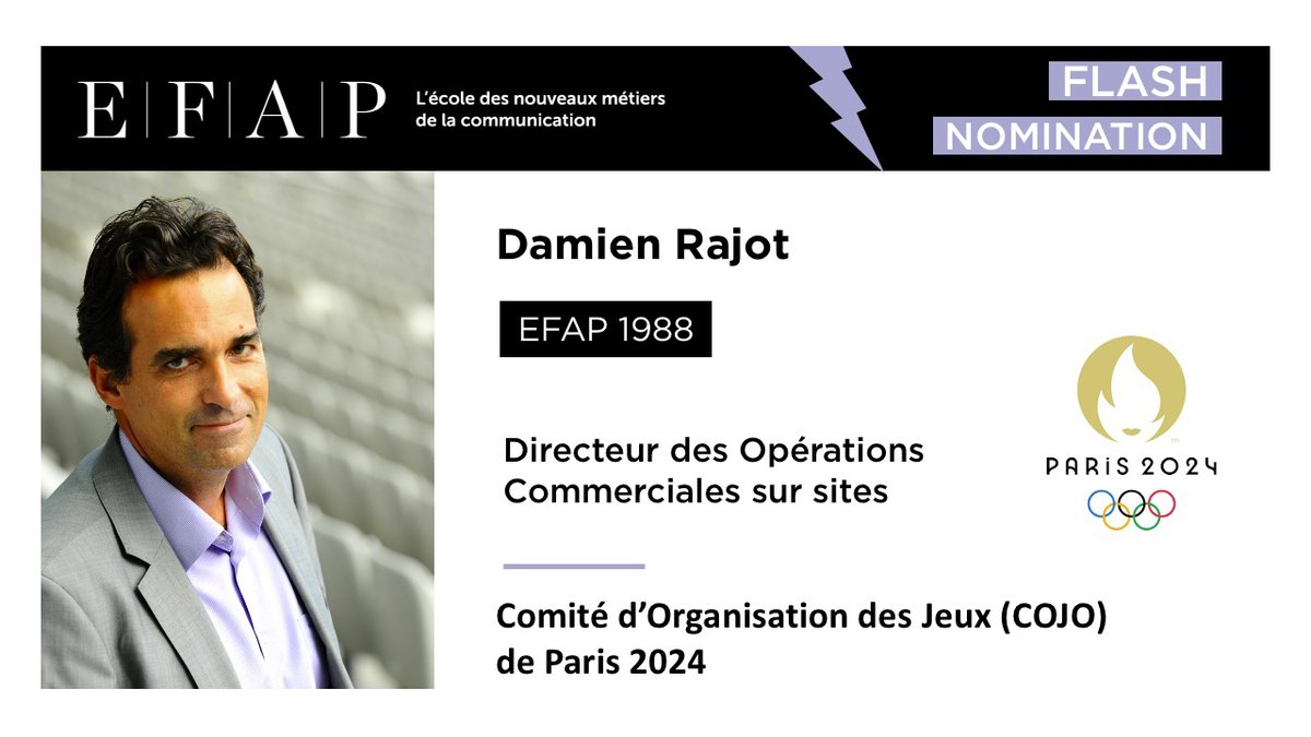 EFAP_'s tweet photo. [ALUMNI &amp; CARRIÈRES]

Damien Rajot, #EFAP 1988, est nommé directeur des opérations commerciales sur sites du Comité d’organisation des jeux olympiques et paralympiques (Cojo) de 2024.

🎓 #EFAPAlumni #FlashNomination⚡️
#Paris2024 https://t.co/ZW4cF4KH6f