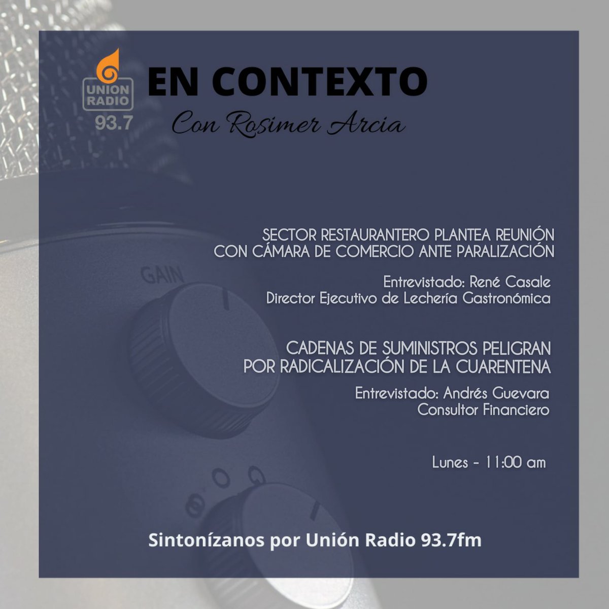 encontexto93_7's tweet photo. ¡Regresamos!
Te invitamos a sintonizarnos por @unionradio93_7 y escuchar a nuestros entrevistados de hoy @AndresFGuevaraB y @RENECASALE con la periodista @Rosimer https://t.co/UjKo5AmG0Q