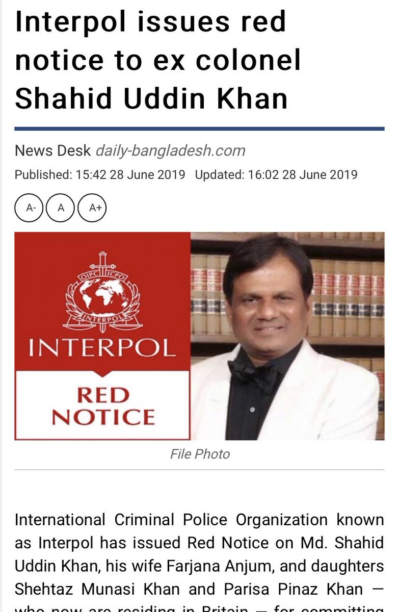 Shortly after the donations were question by the The Sunday Times an article in Bangladesh announced Interpol had issued a “red notice” to MD Shahid Uddin Khan  https://m.daily-bangladesh.com/english/Interpol-issues-red-notice-to-ex-colonel-Shahid-Uddin-Khan/25145