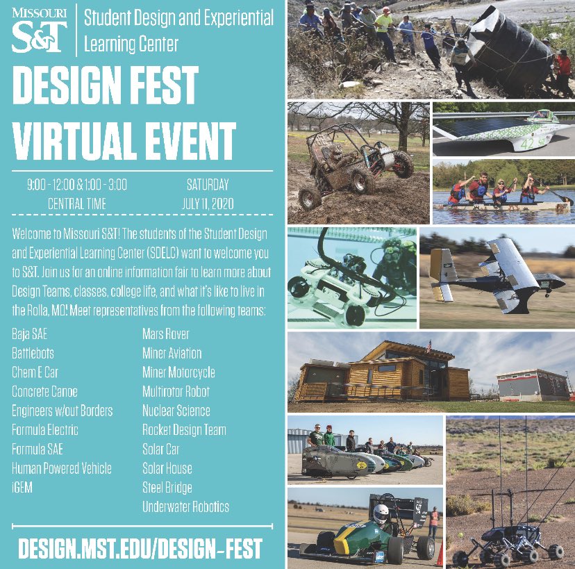 MinerAviation's tweet photo. Are you interested in joining a design team? Want to know more about Missouri University of Science and Technology? Join us online on Saturday for Design Fest! You’ll be able to have the chance to talk to students and leaders of all the design teams apart of MST! https://t.co/wWxdckc0Nr