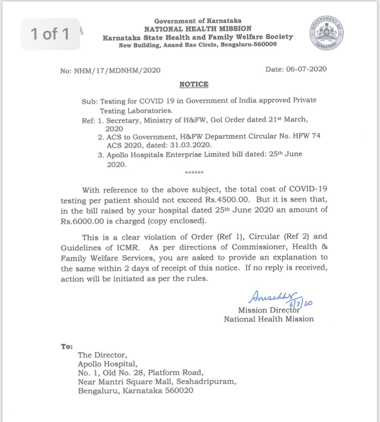 ranjanikanth_'s tweet photo. Notice to @HospitalsApollo for overcharging COVID test
@XpressBengaluru @NewIndianXpress @malini_aisola https://t.co/ku7aGIINM6