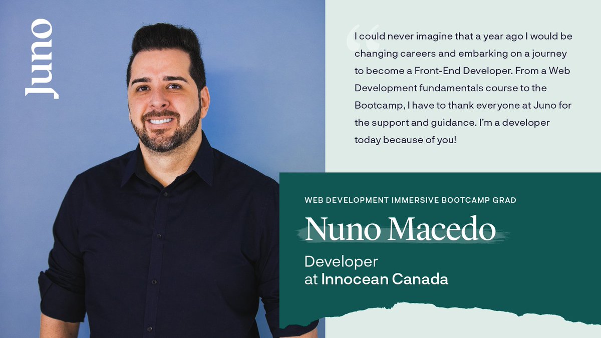 junocollege's tweet image. Five #JunoGrads are starting their first jobs post-Bootcamp today! Congratulations to @nuno_webdev, who is starting today as a developer at Innocean Canada! ๐ #Cohort24