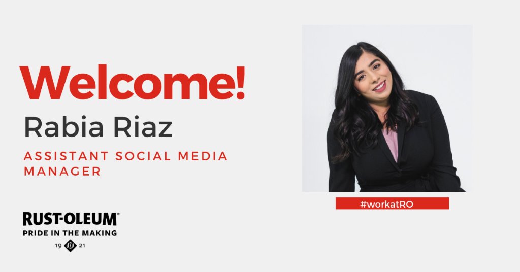 RustOleum's tweet photo. We couldn't be happier that Rabia wanted to progress her career as an Assistant Social Media Manager with our team at Rust-Oleum. Please extend a warm welcome to her!
#teamrustoleum #rustoleum #newhire https://t.co/L5ALgfahKQ