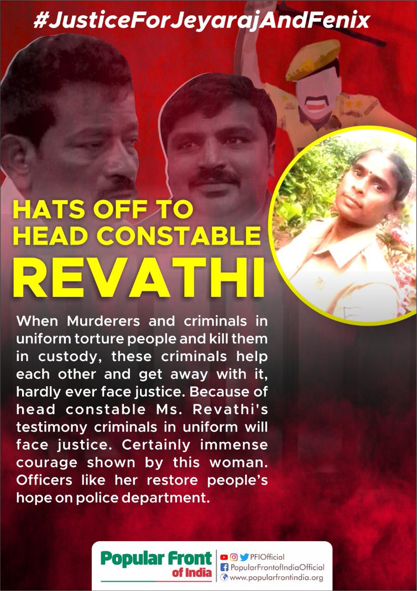 PFIKerala's tweet image. HATS OFF TO HEAD CONSTABLE REVATHI

#JusticeforJeyarajAndFenix