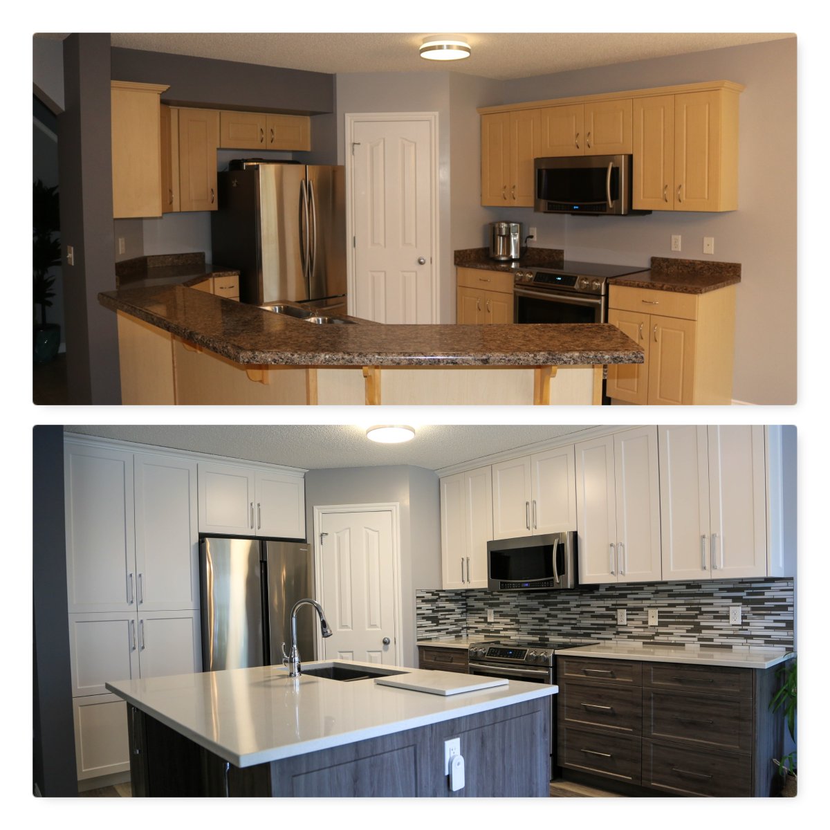 ken_nicholl's tweet photo. Another stunning transformation from Reface Magic. Check out how the cabinets at the left of the fridge were altered to make a pantry. #custompantry #shakerstyle #kitchenrenovtion #cabinetrefacing #kitchenrestyling #quartzcounter #yeg #edmonton #refacemagic https://t.co/pj0tIcABf3