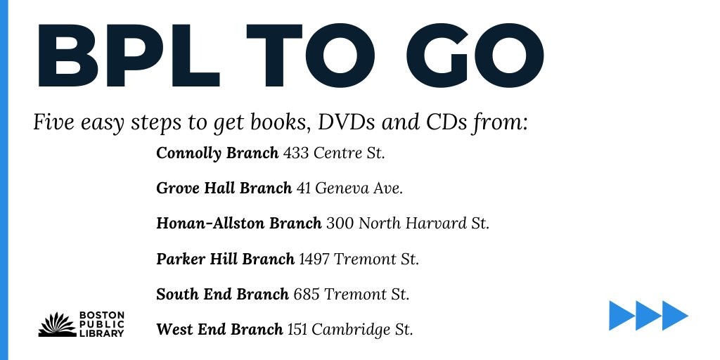 BPLBoston's tweet photo. BPL To Go is coming to six more locations! You can now start to “order" items – like books, DVDs, and CDs – to pick up starting JULY 13 at these locations AND the branches announced previously. Full details here:
https://t.co/AsLvaecQ2w https://t.co/bRGcHIqkPv