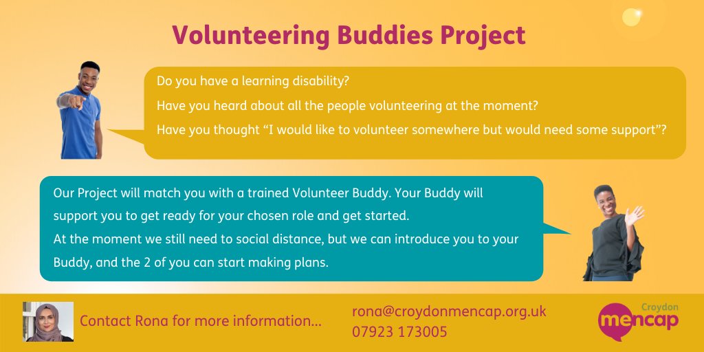 croydonmencap's tweet photo. Our Volunteering Buddies Project with @CroydonVA &amp; @VCCroydon 

Do you have a learning disability?
Have you thought “I would like to volunteer somewhere but would need some support”?

Contact Rona
rona@croydonmencap.org.uk
07923 173005

#volunteering #croydontogether #croydon https://t.co/4jD4XWJyE7