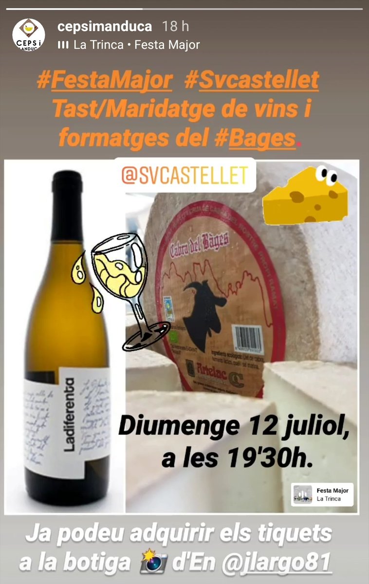 CepsiManduca's tweet photo. Tast #maridatge de #FestaMajor a #SVcastellet @SVCastellet:
Vins🍷 @dopladebages &amp; 🧀 del #Bages.
Diumenge 12 juliol, 19'30h.
Places limitades❗ https://t.co/HuRs45SHcU