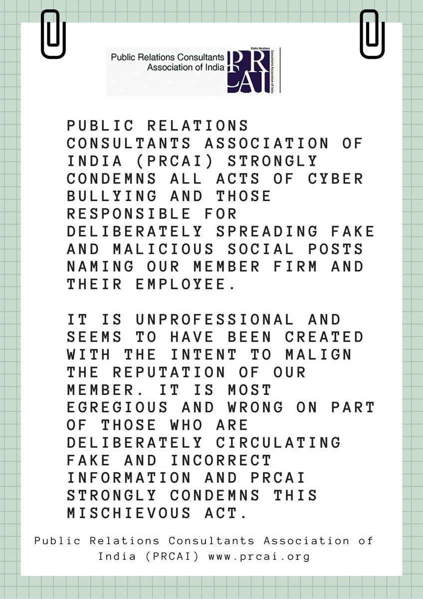PRCAIndia's tweet photo. PRCAI strongly condemns all acts of cyber bullying and those responsible for deliberately spreading fake and malicious social posts naming our member firm and their employee. https://t.co/mrV23DwIUt